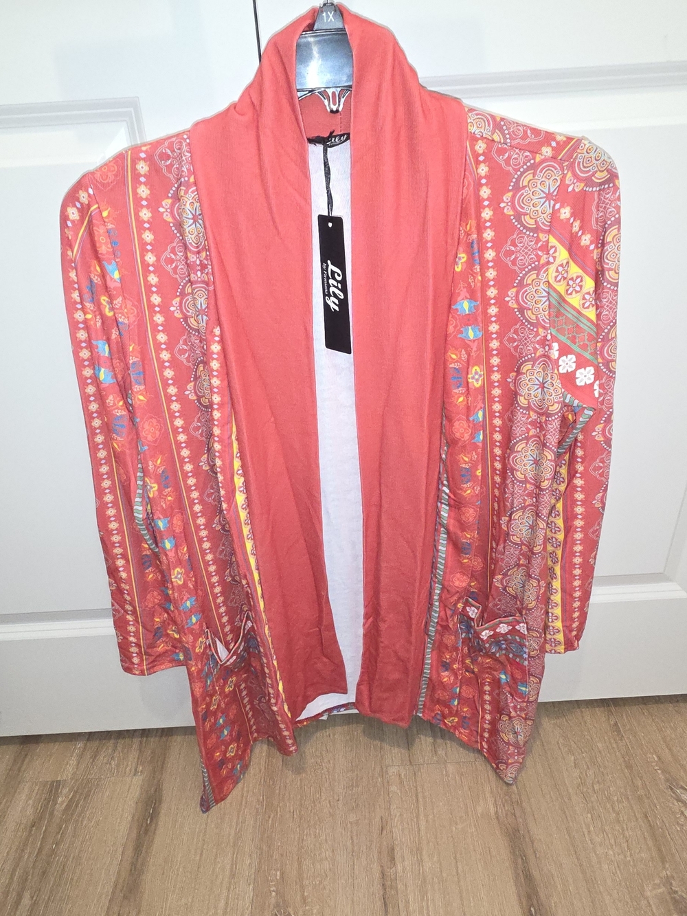 Lilly Pulitzer Coral Open-Front Printed Cardigan with Yellow Accents